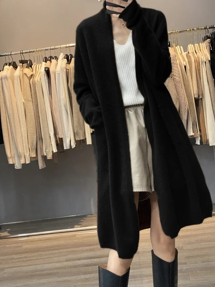 100% Merino wool autumn womens cardigan long sleeved sweater solid color loose warm knit fashionable jacket E1599 240905