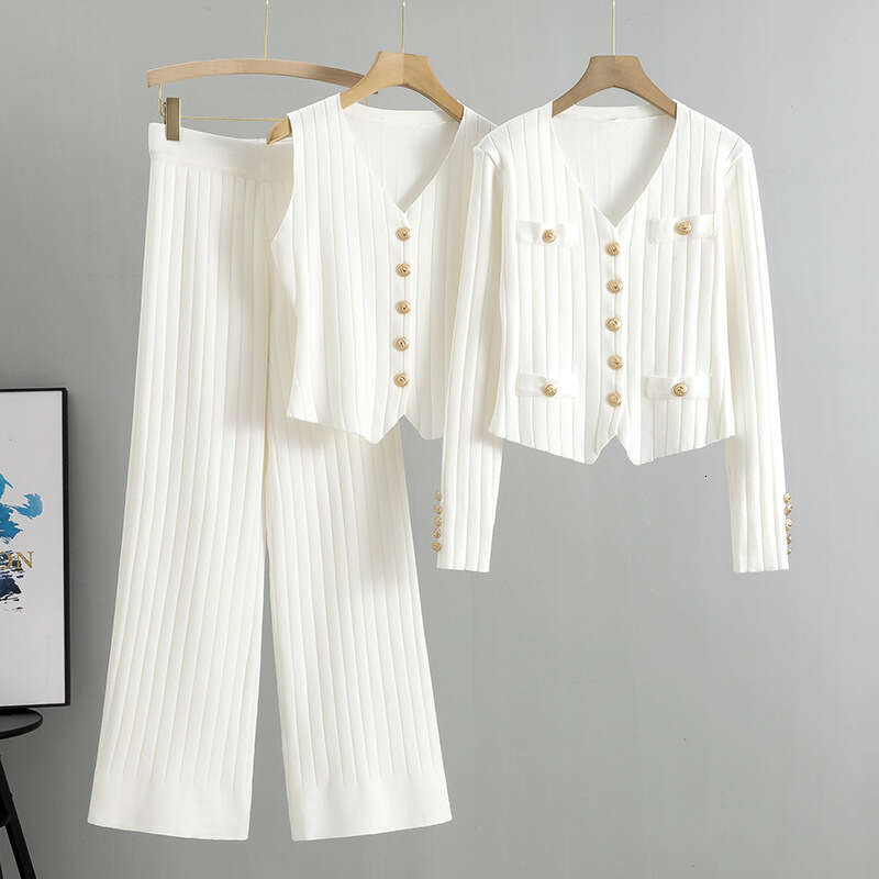 Korean version slim fit small fragrant style wide leg pants sweater three piece for women 2024 Spring and Autumn new vest knitted cardigan set