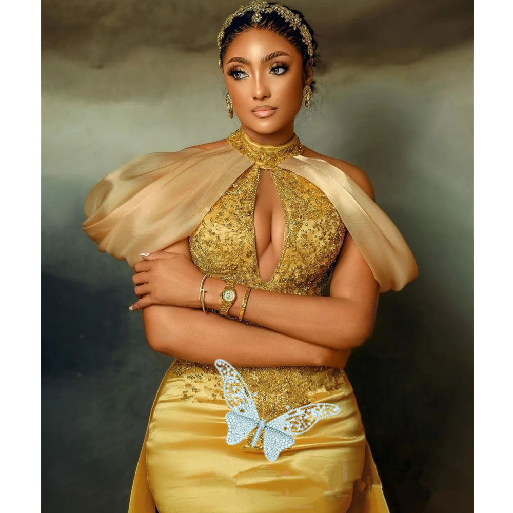 Arabic Aso Ebi Mermaid Gold Prom Dresses Lace Beaded Crystals Evening Formal Party Second Reception Birthday Engagement Gowns Dress Plus Size