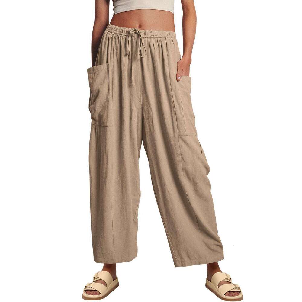2024 TEMU Women's Elastic Pleated High Waist Wide Leg Loose Casual Cotton Hemp Pants