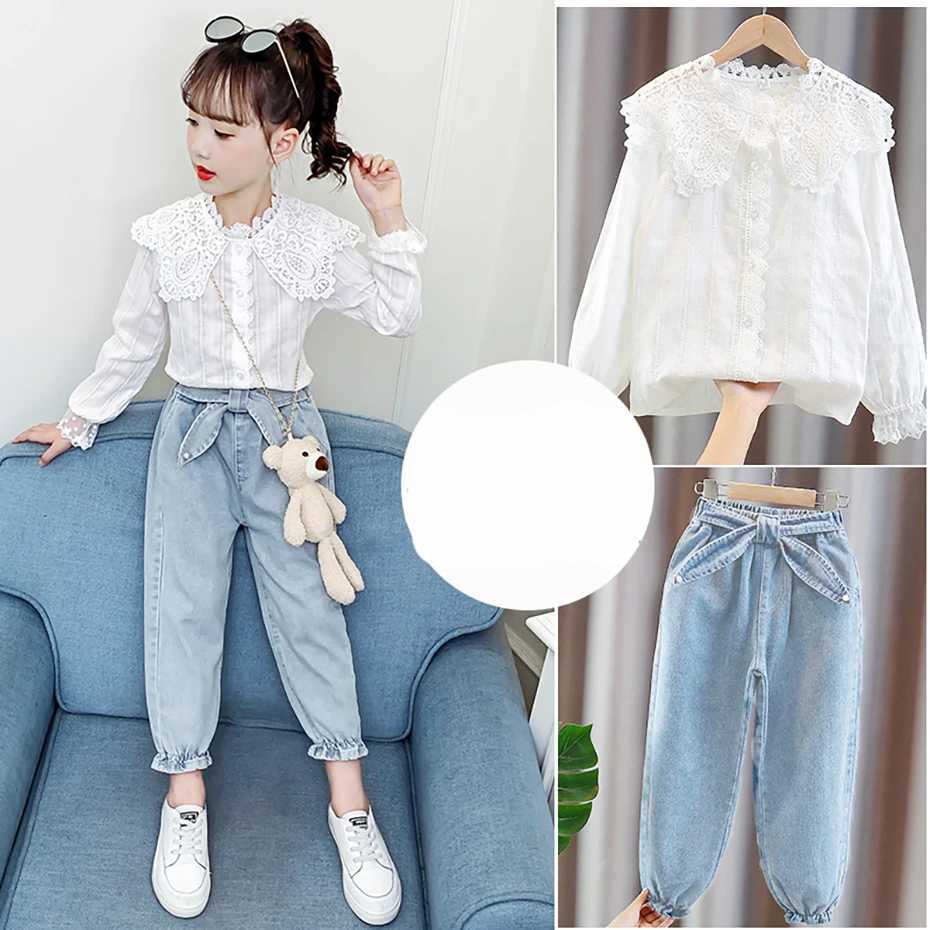 Girls White Blouse Lace Floral Blouse For Girl Long Sleeve Children Blouse Casual Style Teenage Clothes For Girls 6 8 10 12 14 Y240906