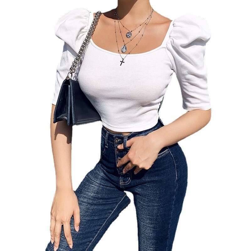 2024 Spring New Collection Simple Square Neck Bubble Top Women's Short Sleeve