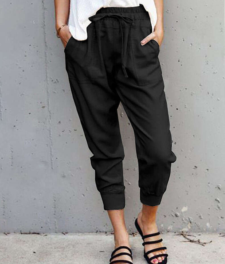 Summer New Cotton Hemp Solid Color Simple Lace up Casual for Women's Slim Fit and Slimming 9-inch Small Feet Pants