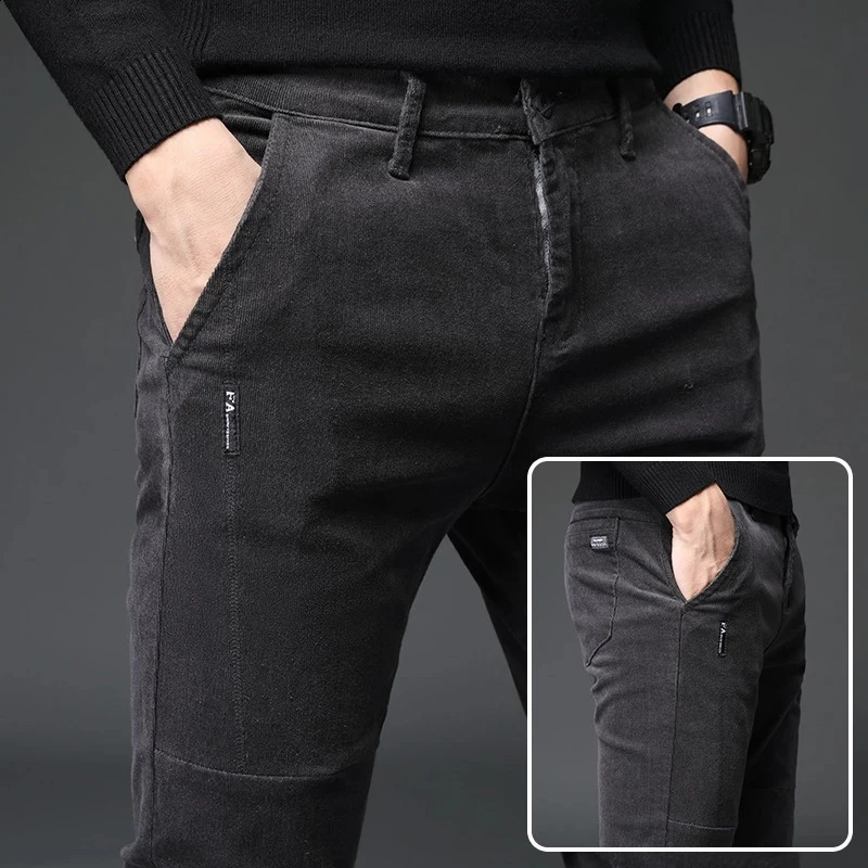 Autumn and winter straight slim fit elastic mens Corduroy pants solid loose casual thick Trouser size 2838 240905