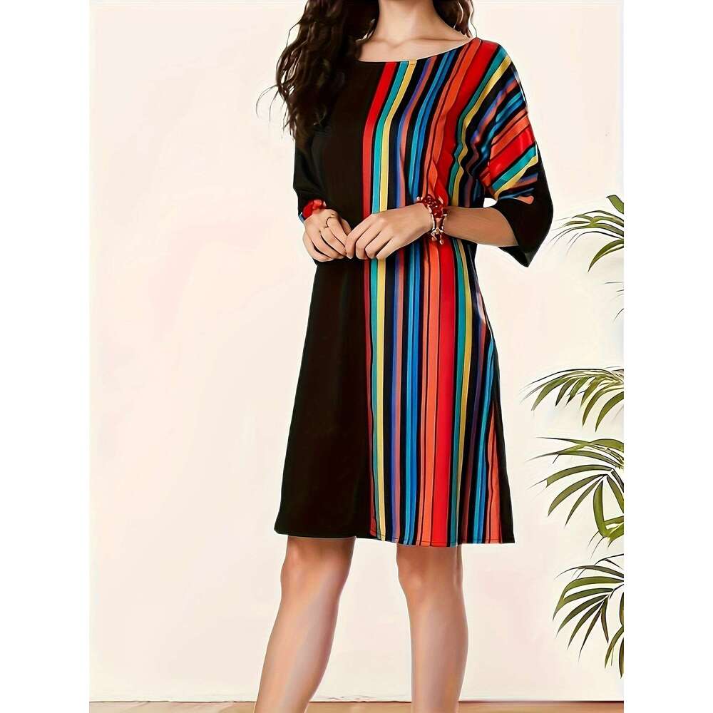 New Rainbow A-line Loose Dress for Spring and Summer 2024 Women's Wear, Half Sleeve