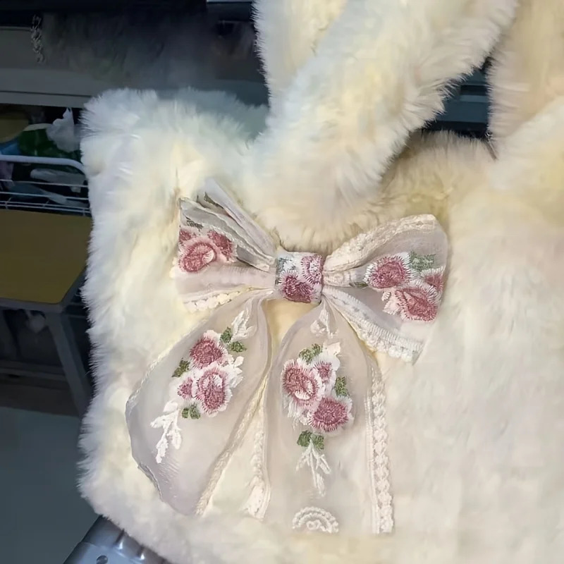 plush handbag lace bow decoration Kawaii fluffy Lolita roleplaying faux fur fashion bag wallet 240906