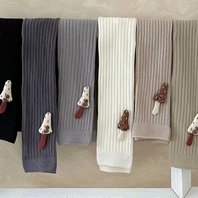 Autumn Baby Girls Leggings Ribbed Pants Cotton Solid Toddler Kid Leggings With Mushroom Decor Casual Pants Kids Outfits Trousers Y240906
