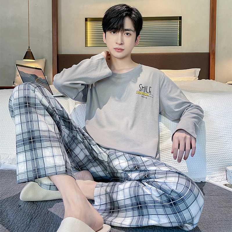 Plaid Men Pajamas Set Casual Male Sleepwear Autumn Winter Long Sleeves Long Pants Soft Pyajmas Boys Pijamas Blue Cozy Cotton Pjs Y240906