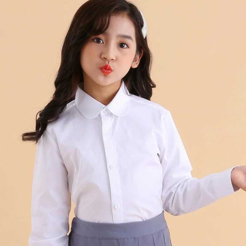 Spring Autumn Baby Toddler Teenage Girls White Blouse Long Sleeve School Uniform Girl Cotton Shirt Kids Tops 6 8 10 12 14 Years Y240906