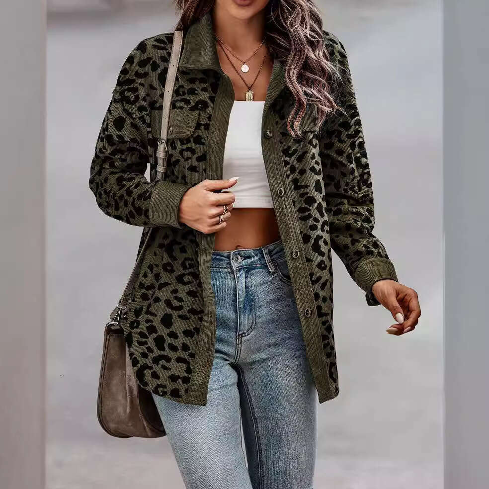 2024 new women's autumn and winter fashion leopard print button long sleeved jacket for women