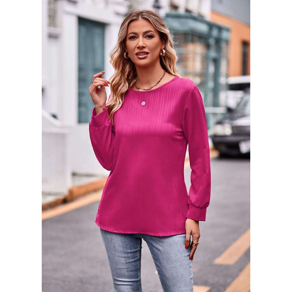 2024 Autumn New Womens Solid Color Double Line Jacquard T-shirt Long Sleeve Top