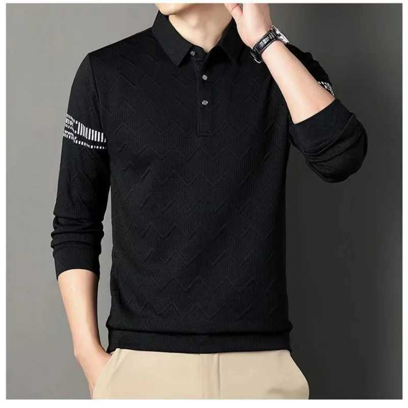 Korean Simple Autumn New Casual Mens Polo Shirt Solid Print Lapel Button Jacquard Fashion Loose Trend Versatile Long Sleeve TopXJ240906