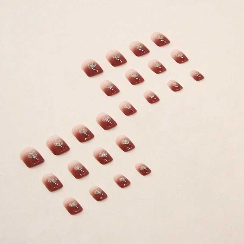 Heallor Gold Dust Love Wearable Pink Pressing Fake Nail Tip with Adhesive Fake Nail Design Butterfly Cute Girl Fake Nail W240905