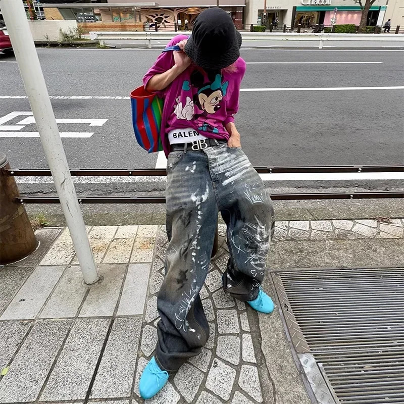 Graffiti handpainted damaged mens and womens laundry bag jeans straight street clothing Y2k denim Trousers Pantalones Hombre Cargos 240905