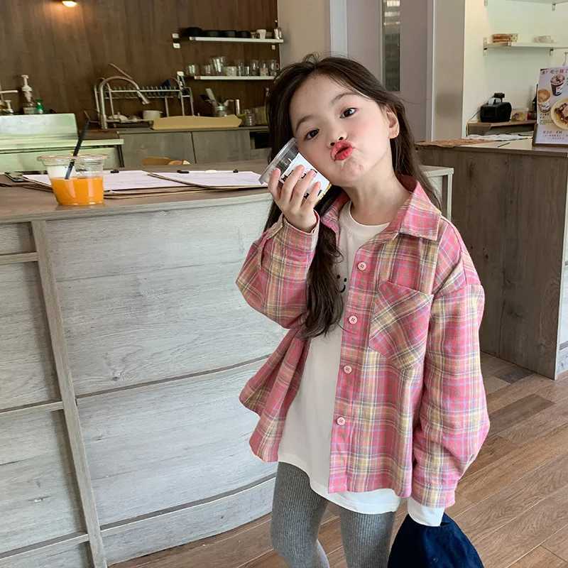 2023 Autumn New Fashionable Pink Plaid Sweet Girls Shirt Top Children Clothing Girls Shirt Coat Korean Style Long Sleeved Y240906