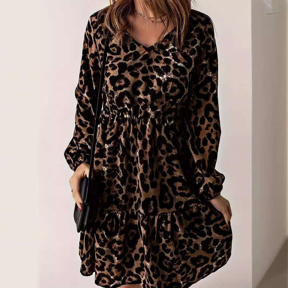 2024 autumn new leopard print long sleeved dress women, casual waist cinched V-neck knee length short skirt for women