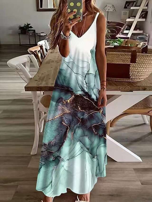 2023 Women's Summer V-neck Sexy A Version Long Loose Print Large Strap Dress