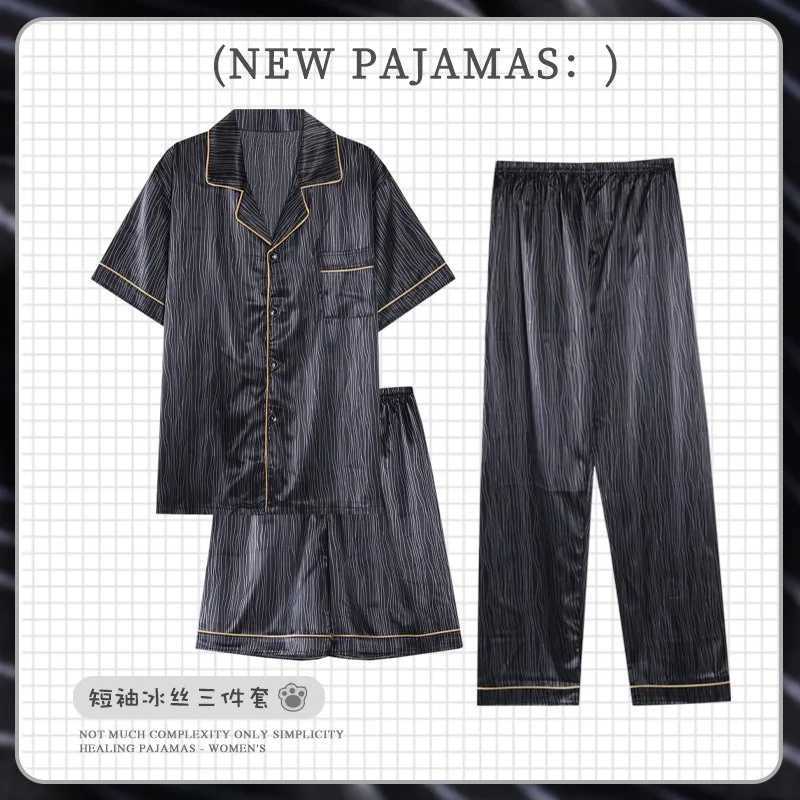 100kg Plus Size Mens 3pcs Pajama Set Silk Satin Short Sleeve Sleepwear Button Down Pjs Classic Loungewear Nightwear Home Clothes Y240906