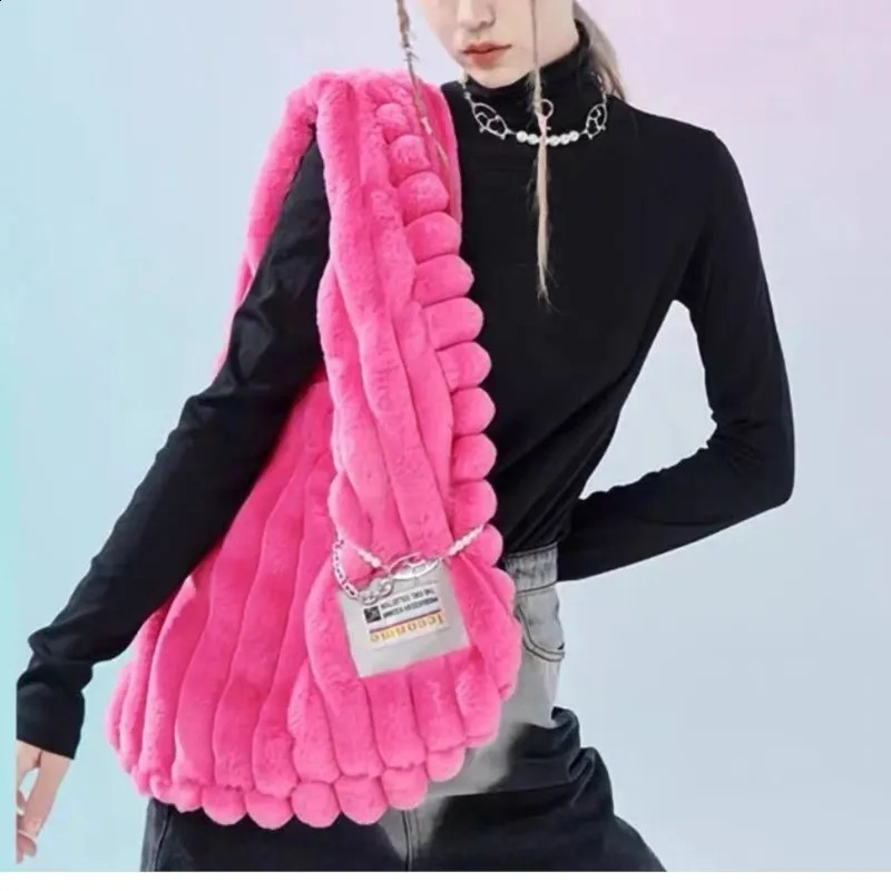 JIAERDI Pink Large Capacity Shoulder Bag for Women Retro Harajuku Fashion Plush Y2k Handbag Soft Bottom 240906