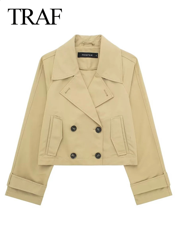 TRAF Womens Retro Windproof Jacket Solid Color Double Chest Spring Casual Short Sweet Trench 240902
