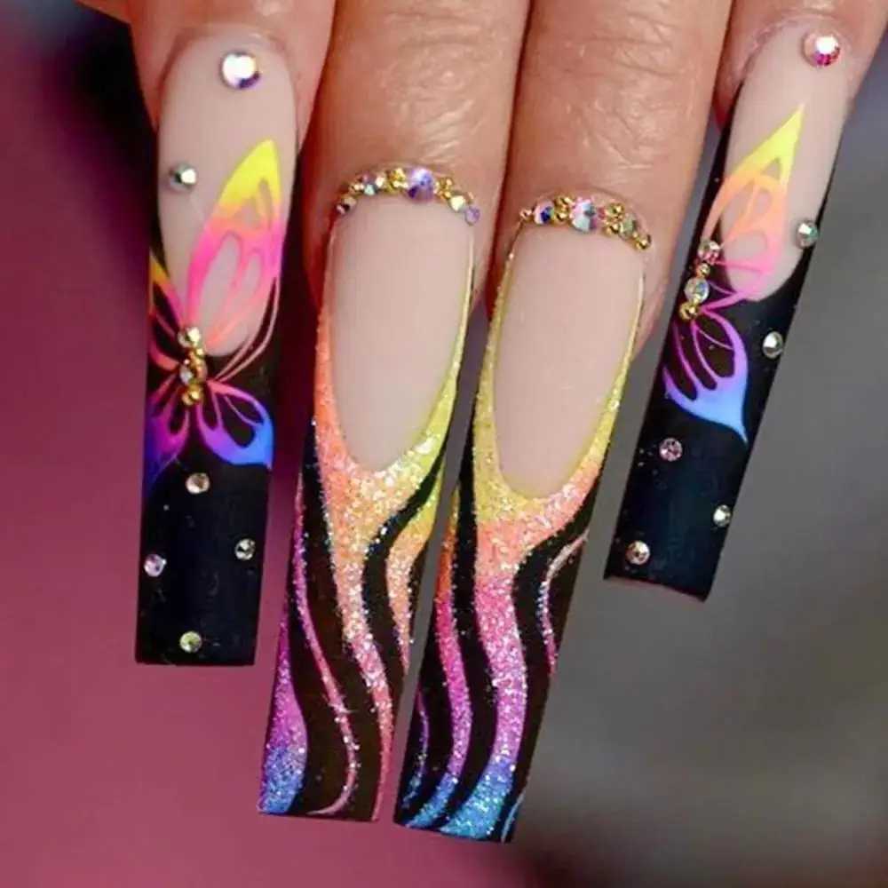 Long ballet dancer fake nails purple butterfly nails pointed fake nails womens fashion French detachable full cover pressed nails W240905