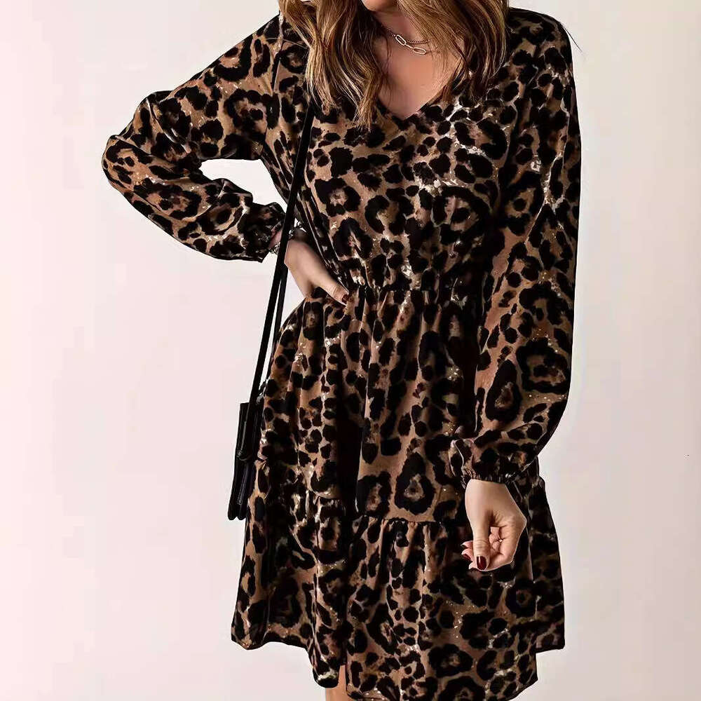 2024 autumn new leopard print long sleeved dress women, casual waist cinched V-neck knee length short skirt for women