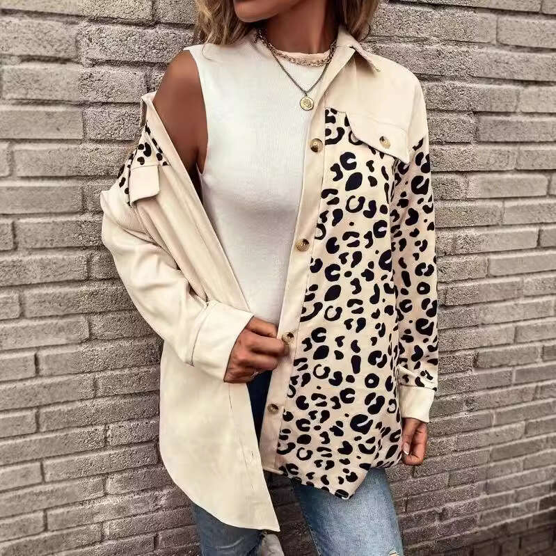 2024 cardigan top women's autumn and winter new item leopard print single breasted mid length shirt jacket for women