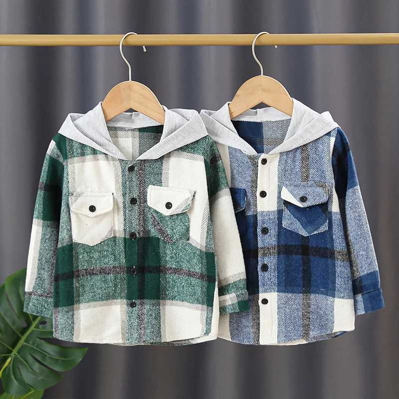Autumn Baby Boy Solid Cotton Clothes Fashion Kid Girls Plaid Hoodies Jacket Top Children Single Breasted Long Sleeve Shirts Y240906
