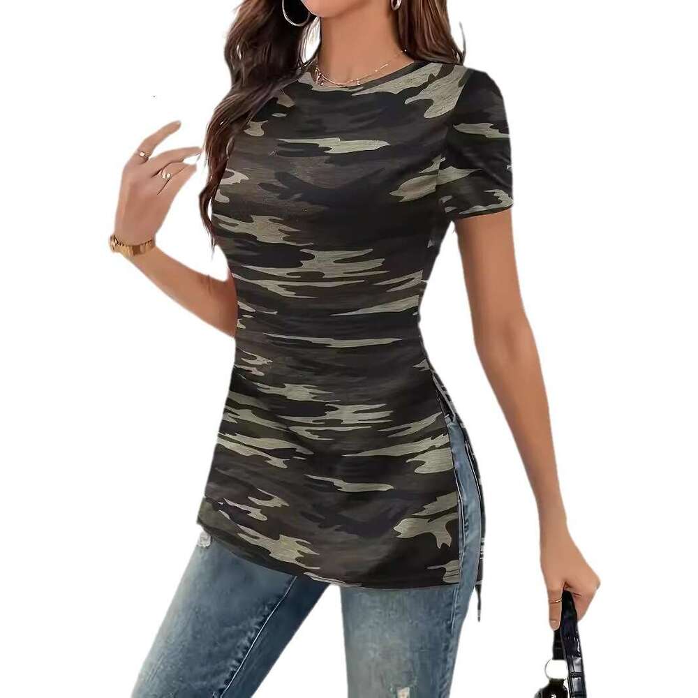 Women's 2024 Spring/Summer Round Neck Tight Printed sleeved T-shirt with Short Front and Long Rear