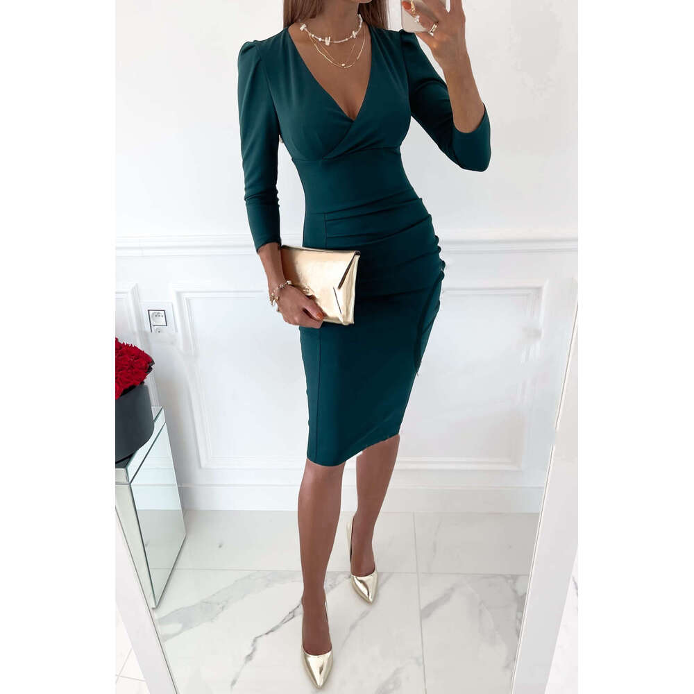 2023 Spring V-neck sexy temperament commuting waist cinched solid color dress for women