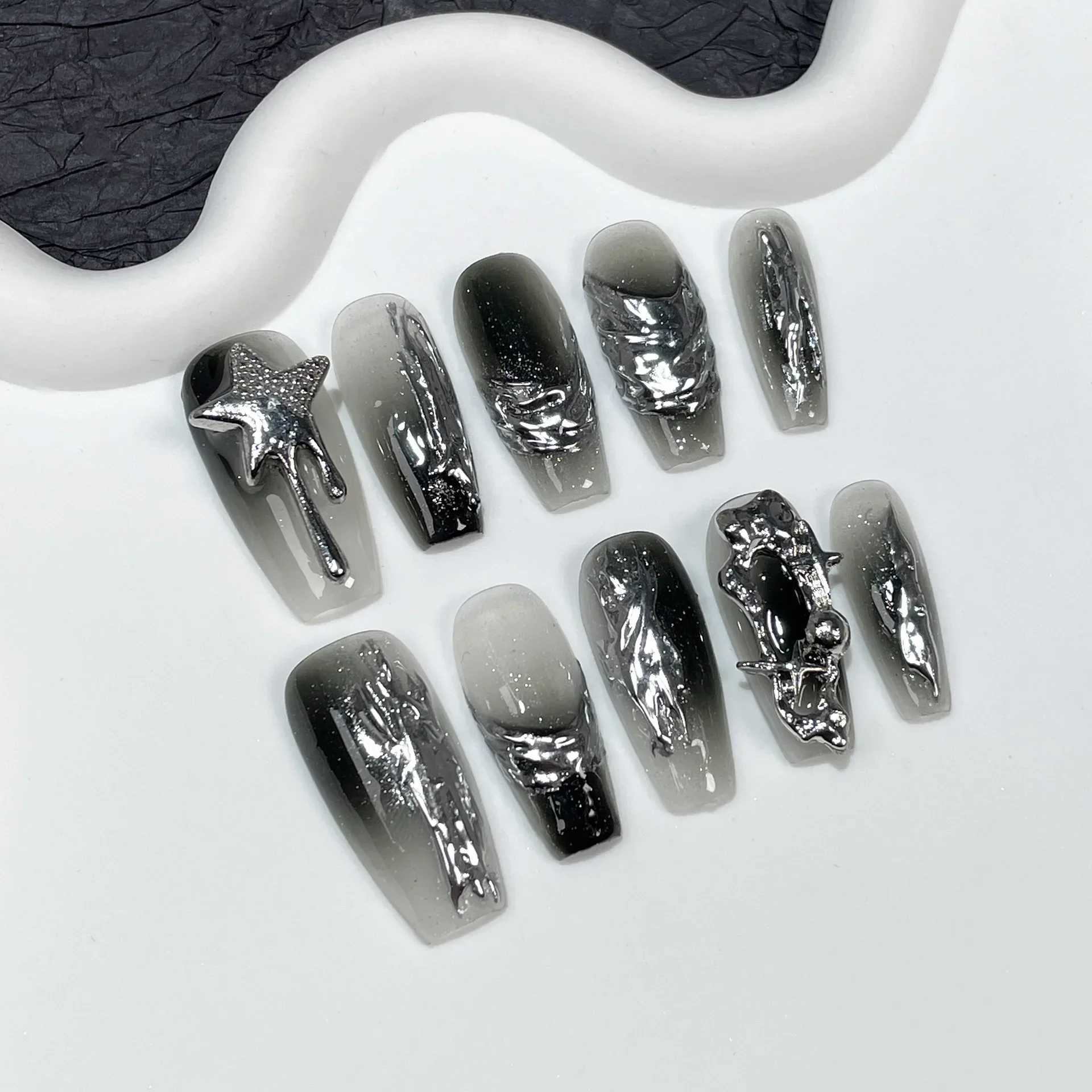 10 handmade fake nails with rose butterfly rhinestone design long ballet fully covered fake nails wearable coffin press W240905
