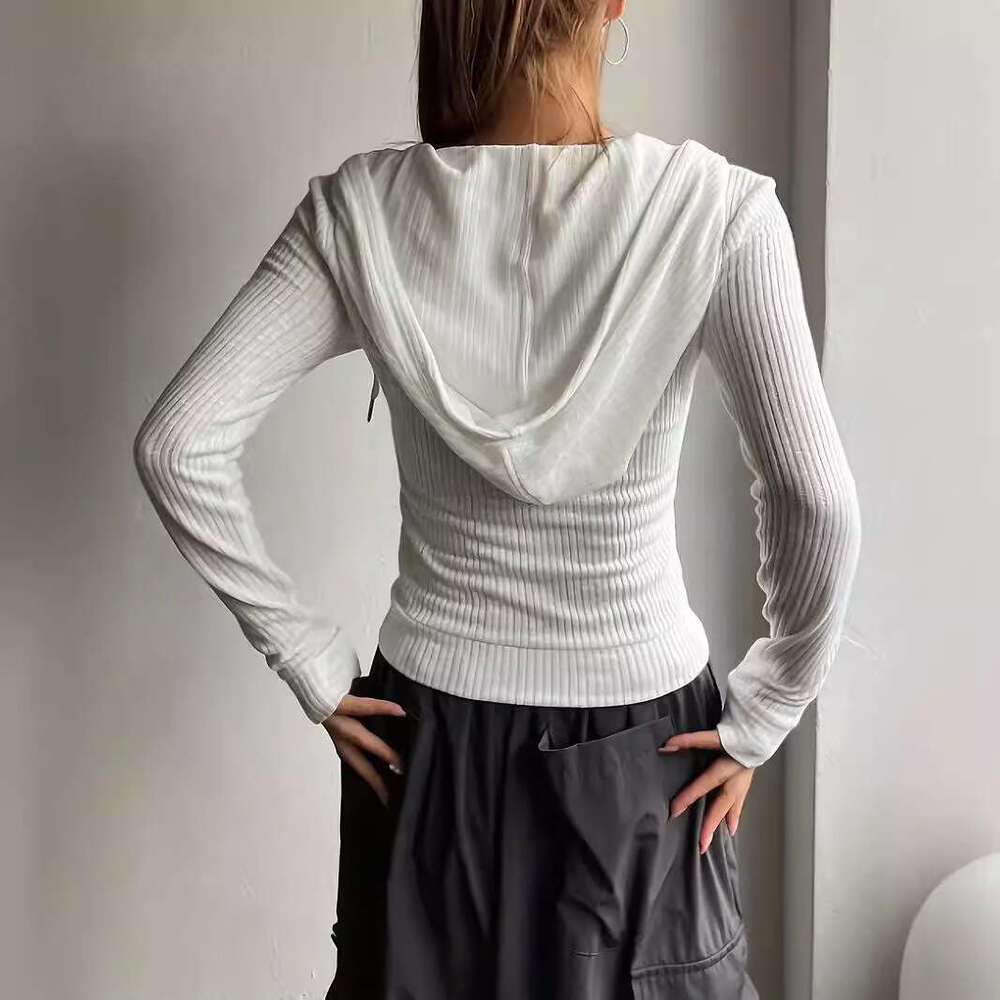 Casual long sleeved solid color cardigan hooded jacket white top