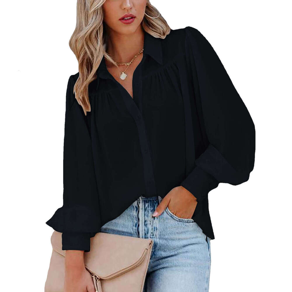 2024 buckle up top, lantern sleeve pleated solid standing collar, loose fitting shirt, long sleeved women's clothing