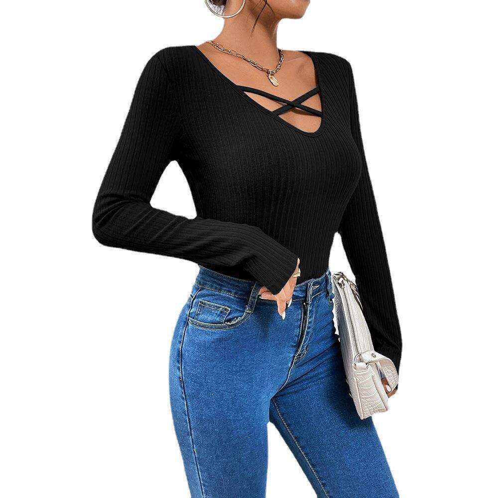 Women's 2024 style V-neck slim fit, long sleeves, inner T-shirt as a base, outer layer with top