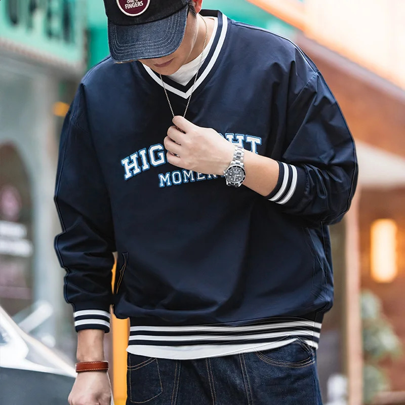 Maden Casual Hoodie V-neck Baseball Embroidered Letter Oversize Sweatshirts Vintage Long Sleeve Korean Fashion Streetwear 240906