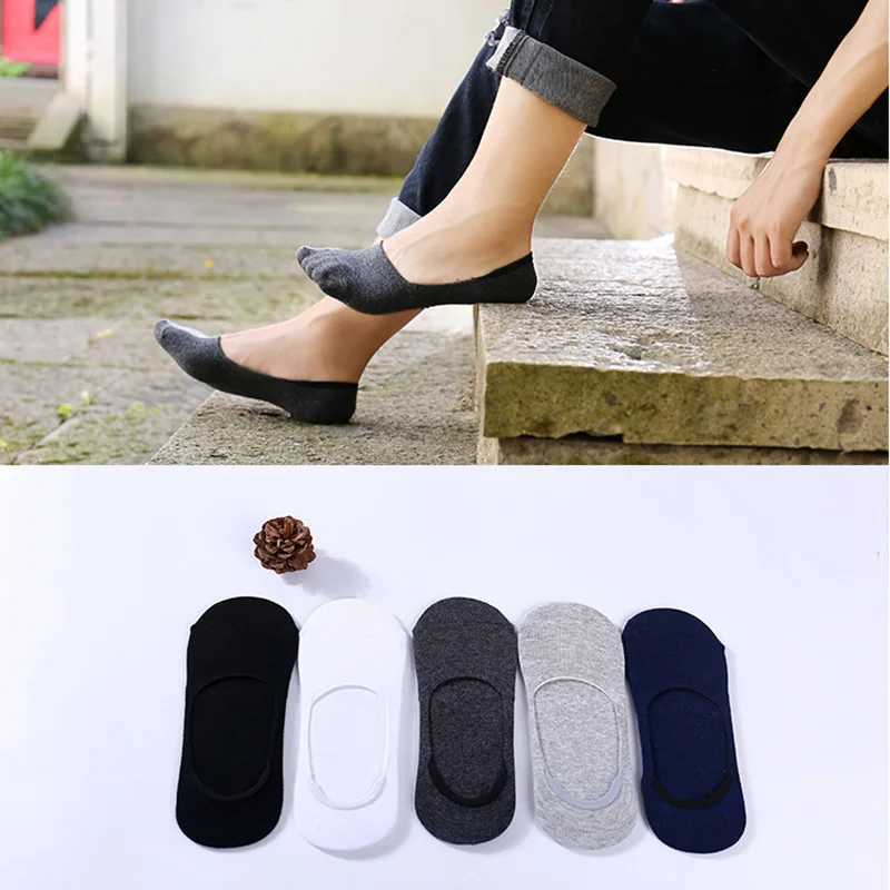 5 pairs Plus size 47.48 mens boat socks large summer non slip silicone invisible no display socks slider cotton black sports shoes W240905