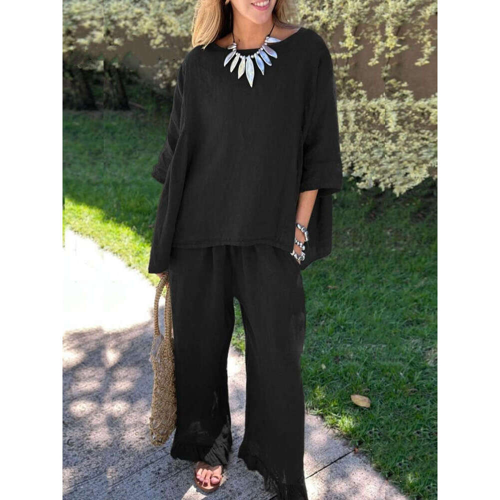 2024 Summer New Cotton and Hemp Women's Fashion Solid Color Loose Casual Pants Two Piece Set
