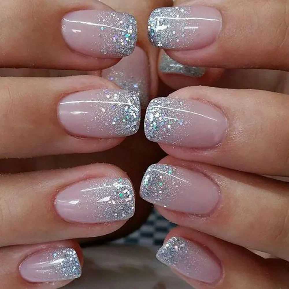24 pieces/set of female glitter fake nails Super glitter gradient pink black pointed fake penis press fake nail art W240905