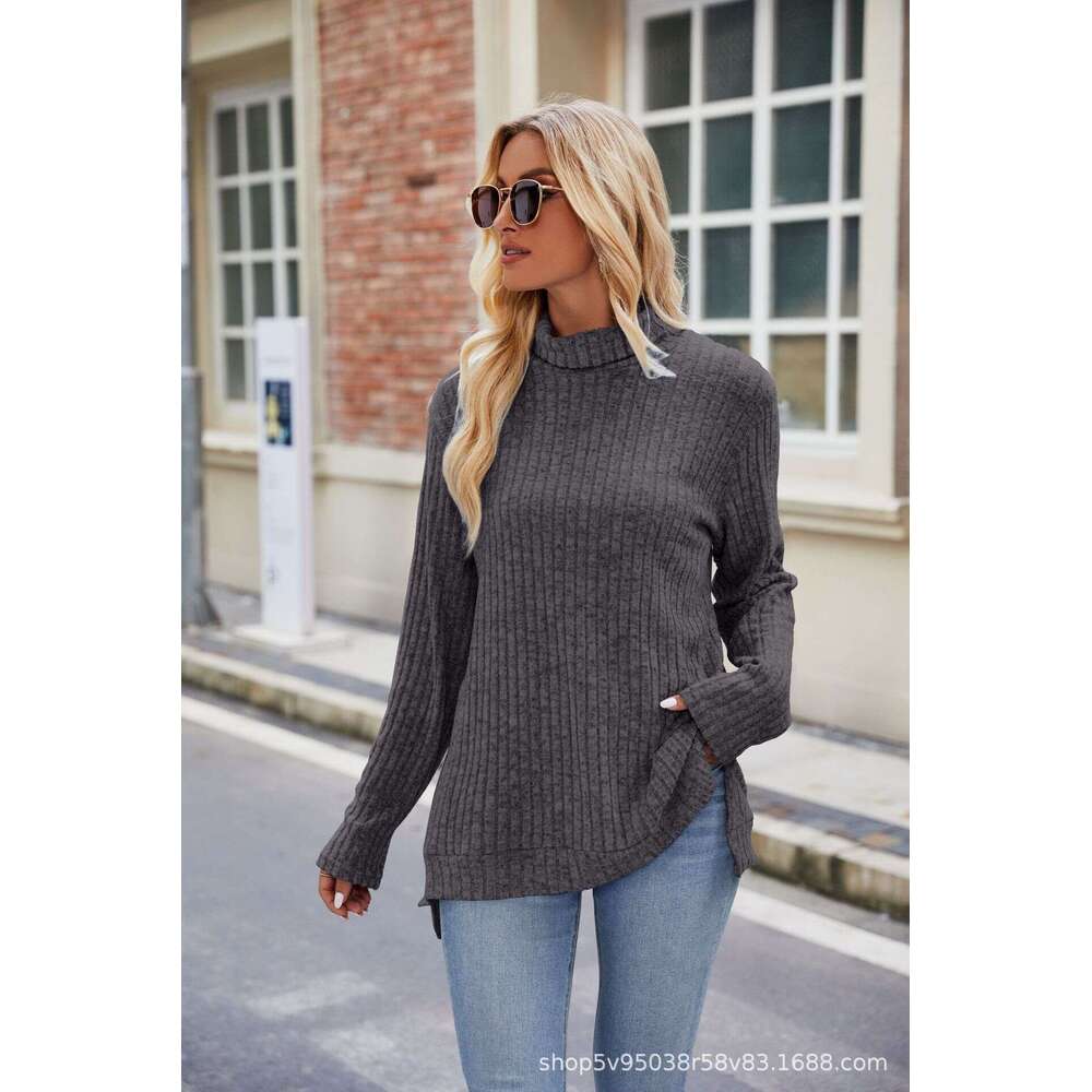 Autumn/Winter New High Neck Loose Long Sleeve Split T-shirt Top for Women
