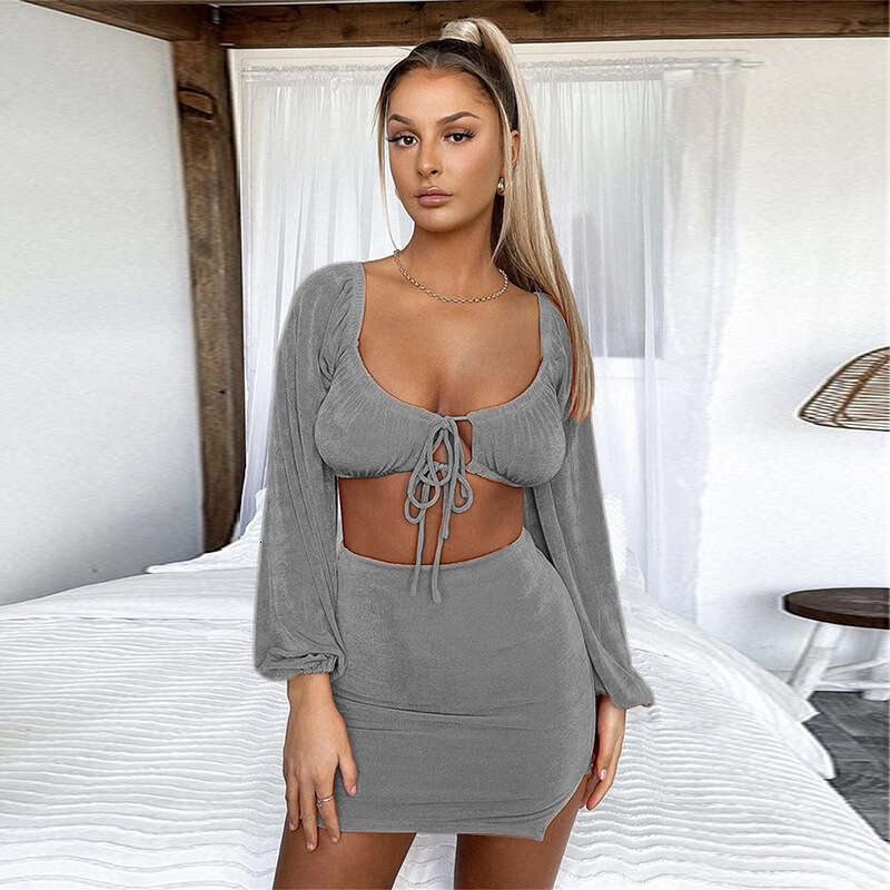 2024 Fashion Women's Summer New Style Sexy Square Collar Strap Long Sleeve Short Top Set for Women
