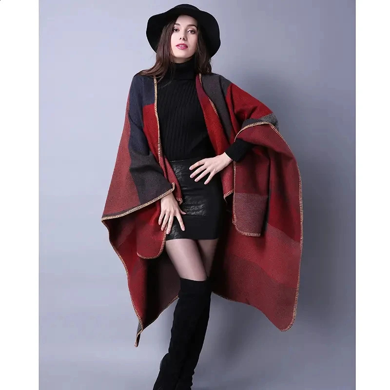 Vintage colored block shawl imitates cashmere warm bag Bohemian large blanket scarf raincoat shawl thick coat outdoor 240906