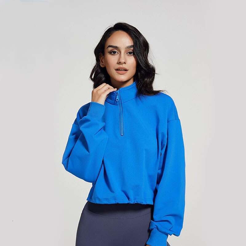 2024 New Stand up Collar Fitness Sports Sweater Women's Loose Zipper Drawstring Long Sleeve Yoga Dress Top T-shirt