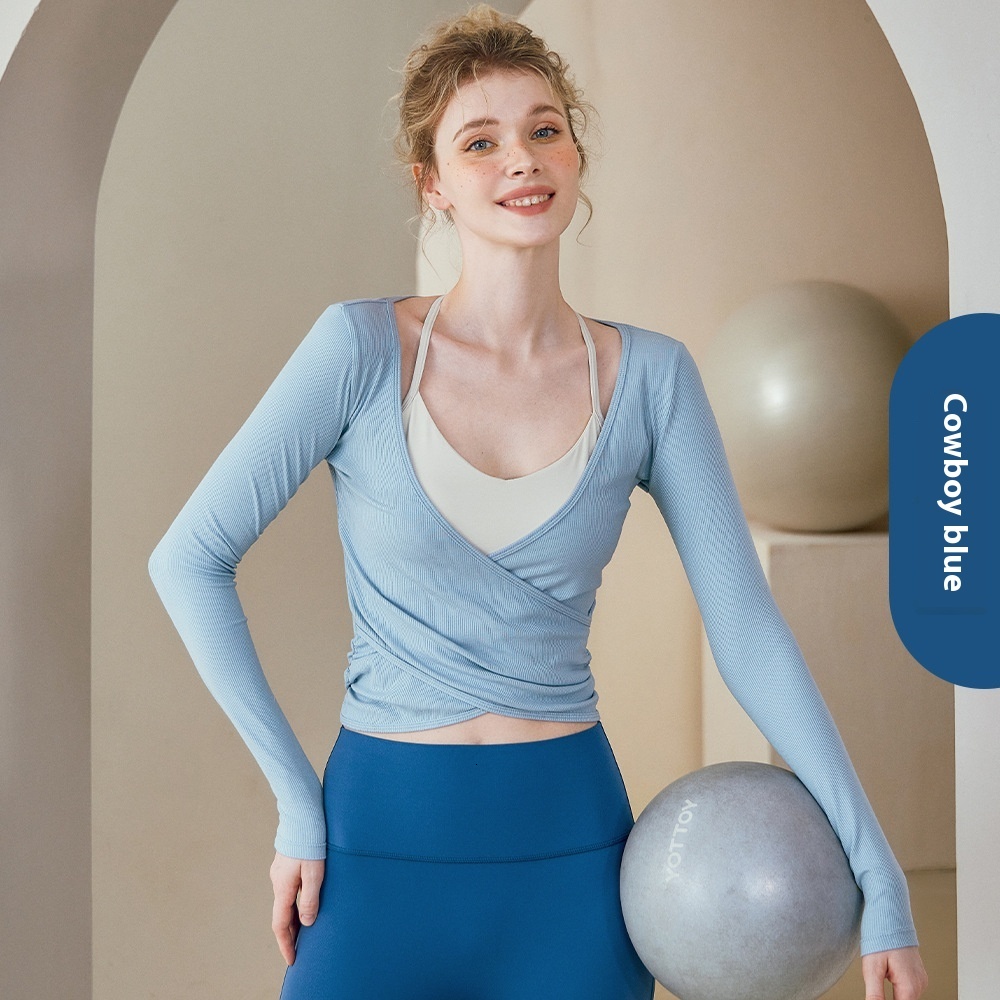 Yoga outfit women's new sports slimming cross pleated cover shirt for external training and fiess long sleeved knitted sweater top