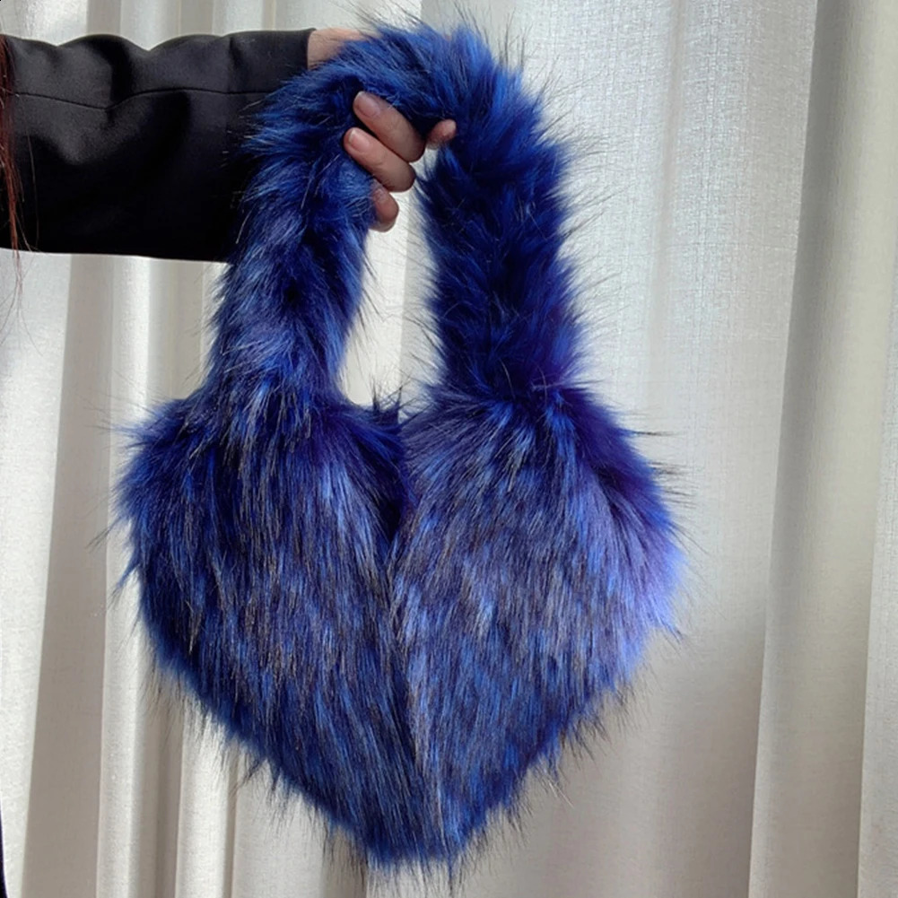 Y2K girl wallet fluffy faux fur cross bag heartshaped shoulder womens handbag fashionable plush shopping winter 240906