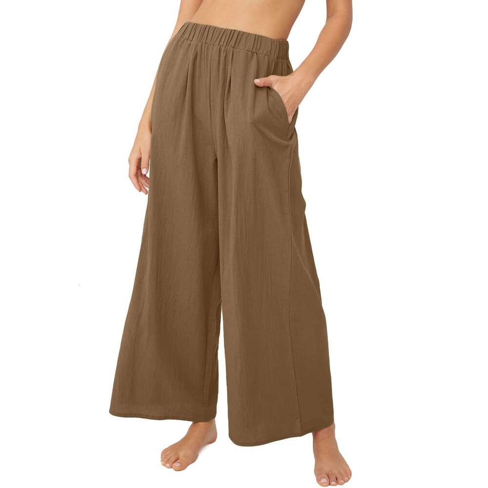 2024 Spring/Summer New Cotton and Hemp Women's Solid Color High Waist Loose Relaxed Wide Leg Pants