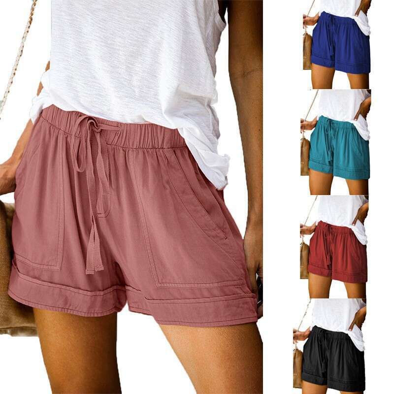 Casual women's summer new European version high waisted lace up loose wide leg shorts