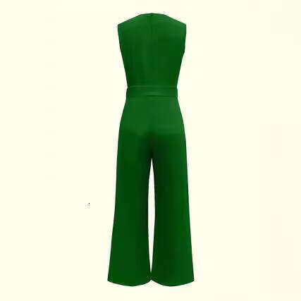 2024 Spring/Summer Women's New V-neck Wide Leg Sleeveless waist belt jumpsuit Female 0