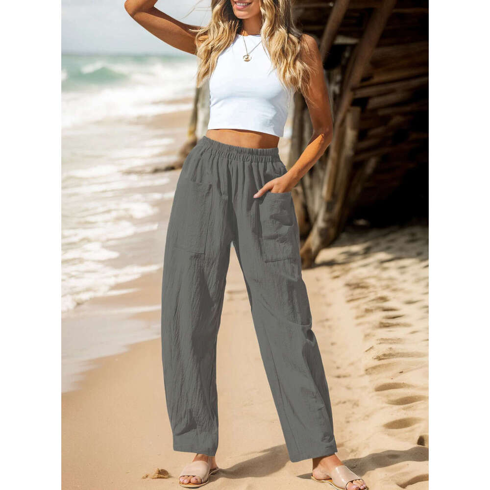 2024 Women's Cotton and Hemp Casual Vacation Style Elastic Waist Banana Pants Work Bag
