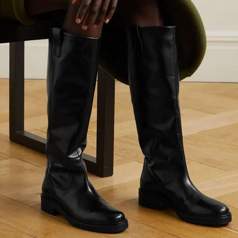 Krazing Pot Cow Leather Big Size 44 45 Round Toe Med Heels Classics Equestrian Long Slip On Winter Brand Knee-High Boots