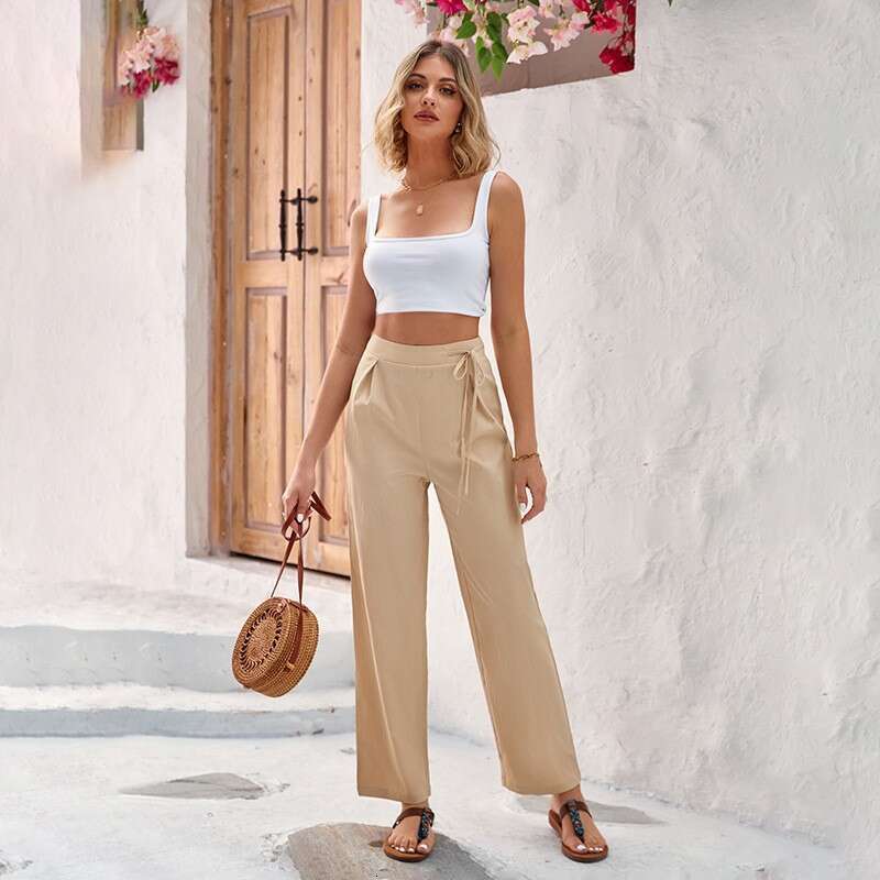 2024 new spring and summer hanging straight high waisted solid color tied wide leg pants for women